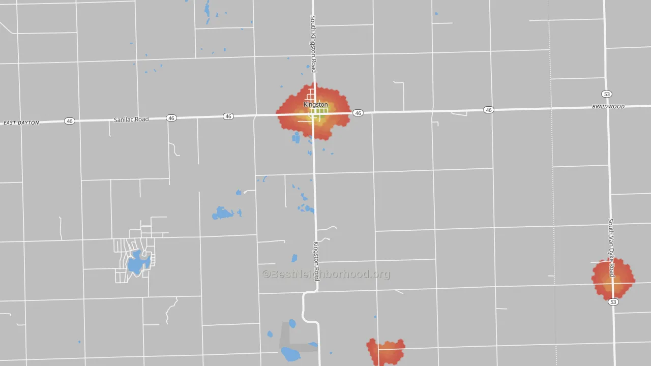 Walk Grade map of Kingston, MI, walkable areas in green and car-dependent areas in red