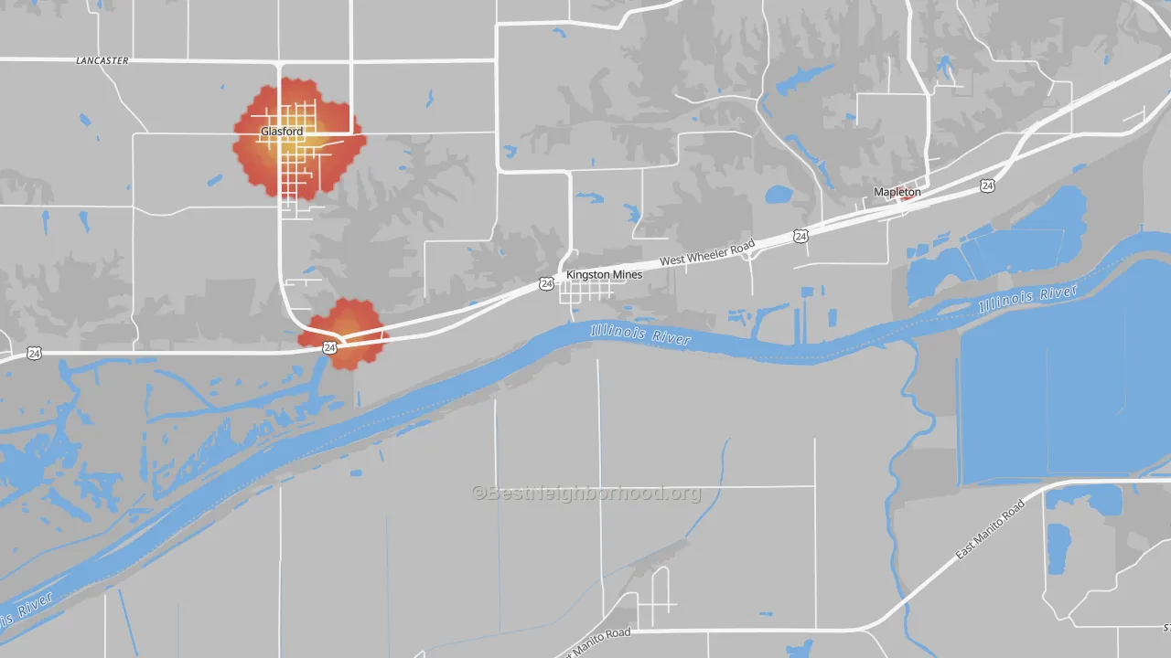 Walk Grade map of Kingston Mines, IL, walkable areas in green and car-dependent areas in red
