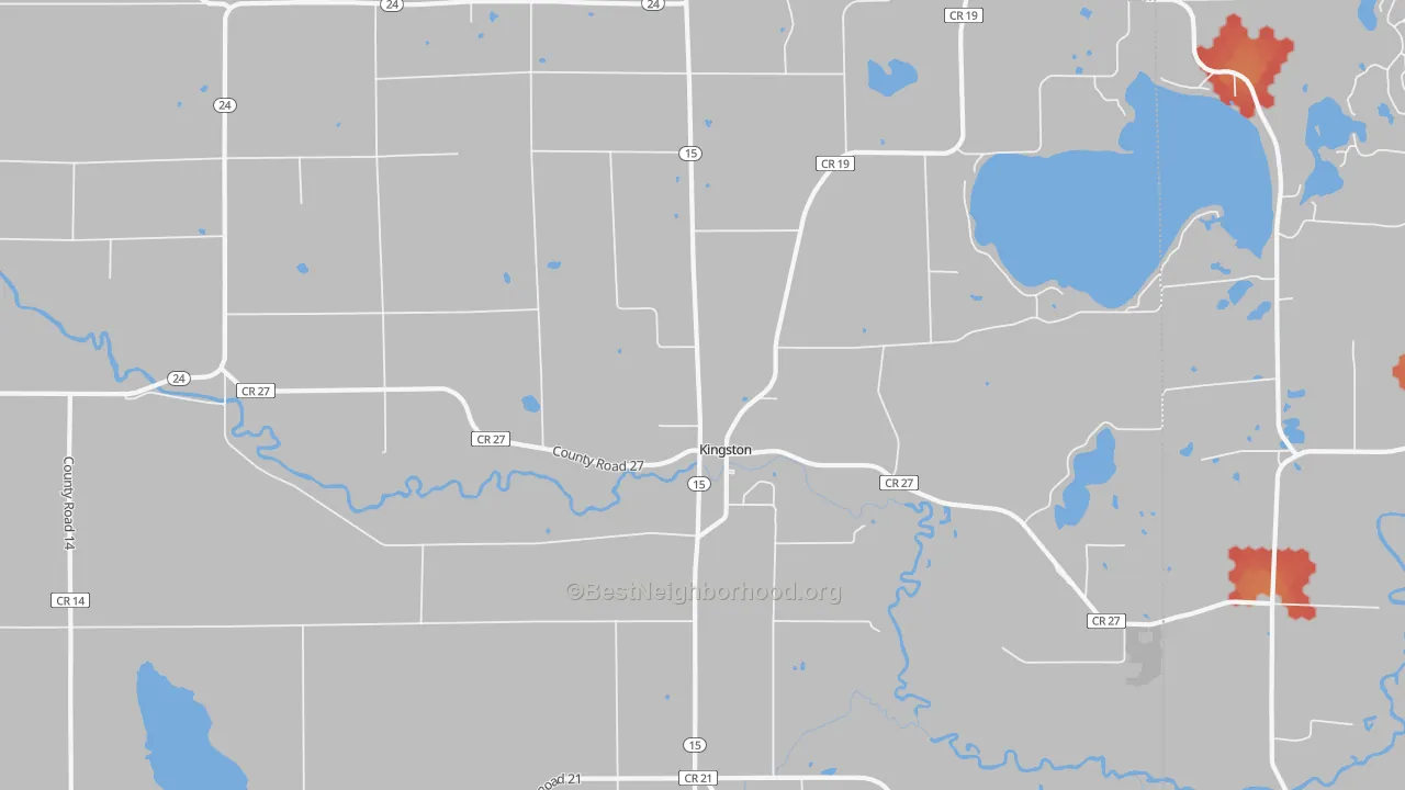 Walk Grade map of Kingston, MN, walkable areas in green and car-dependent areas in red