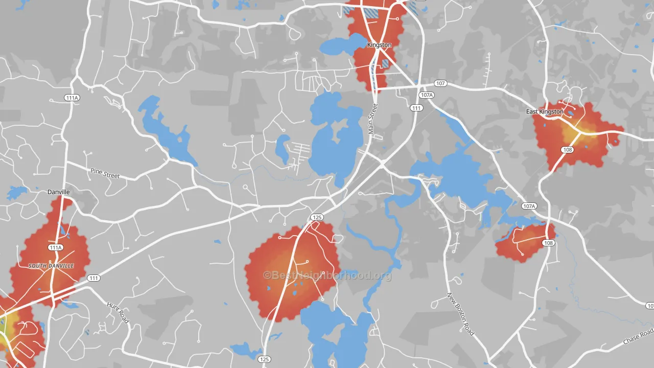 Walk Grade map of Kingston, NH, walkable areas in green and car-dependent areas in red
