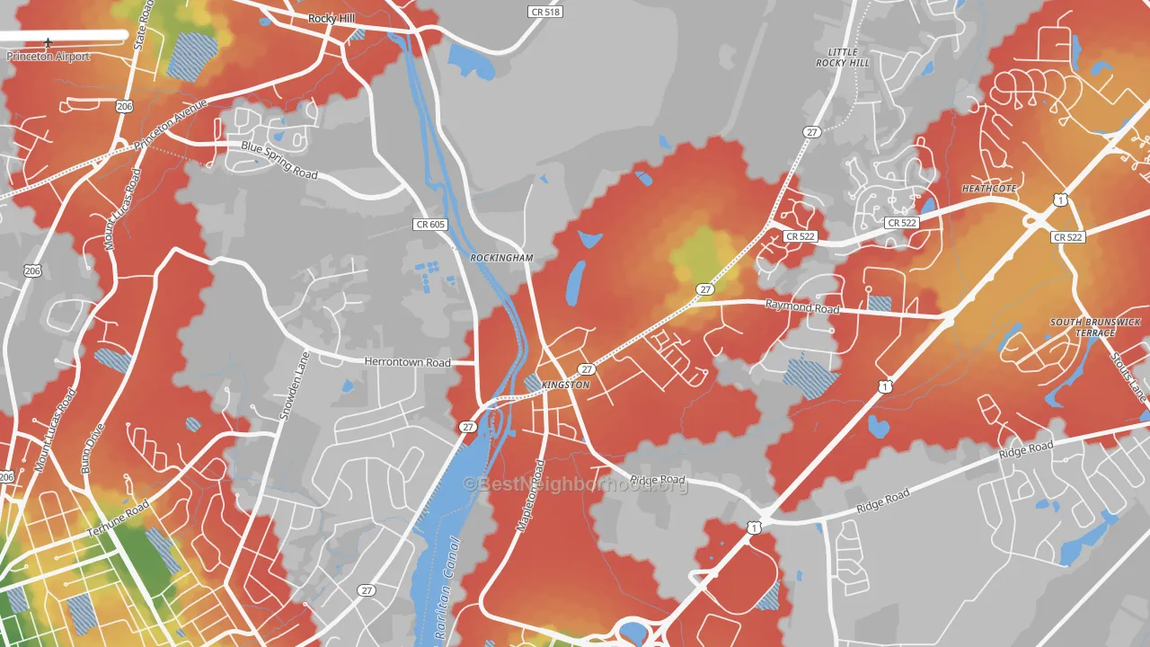 Walk Grade map of Kingston, NJ, walkable areas in green and car-dependent areas in red