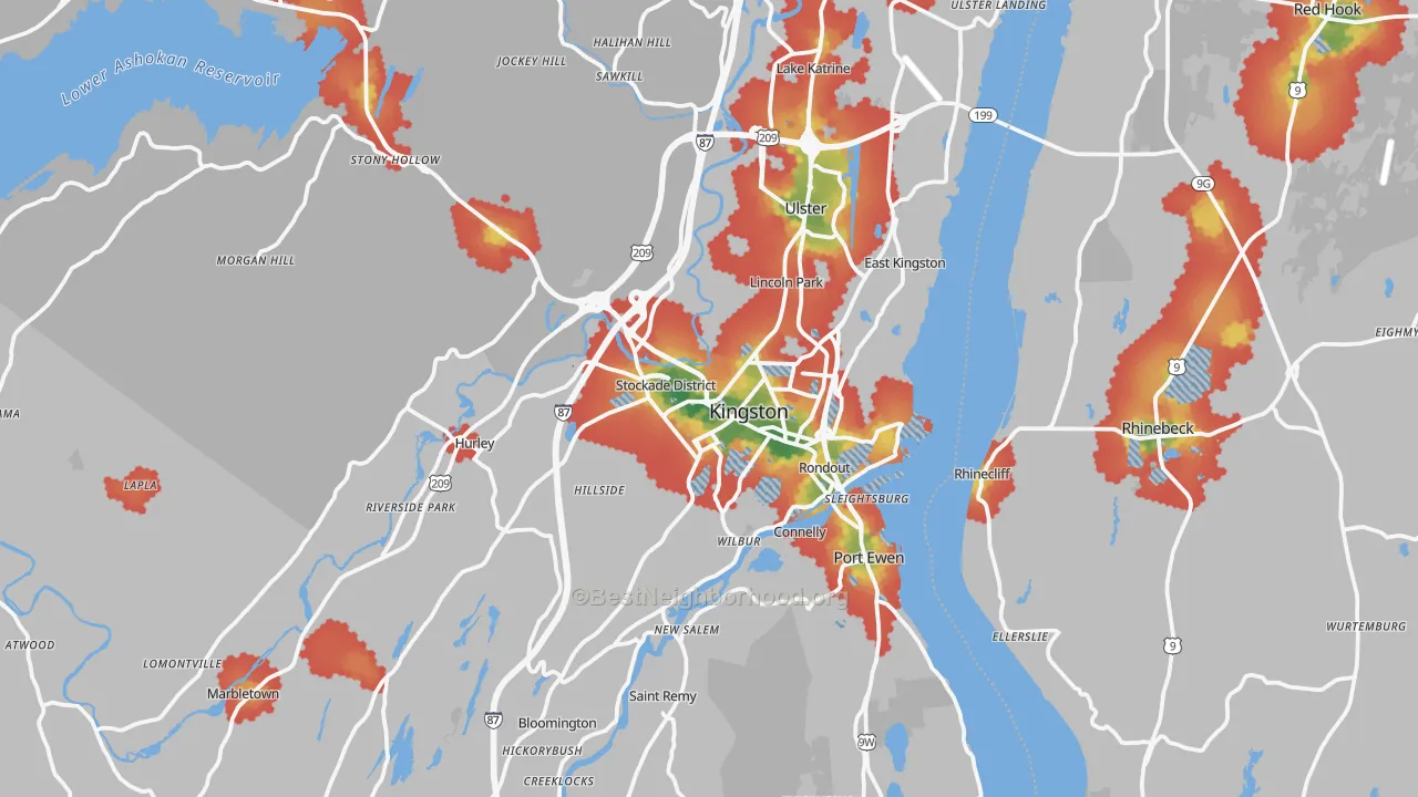 Walk Grade map of Kingston, NY, walkable areas in green and car-dependent areas in red