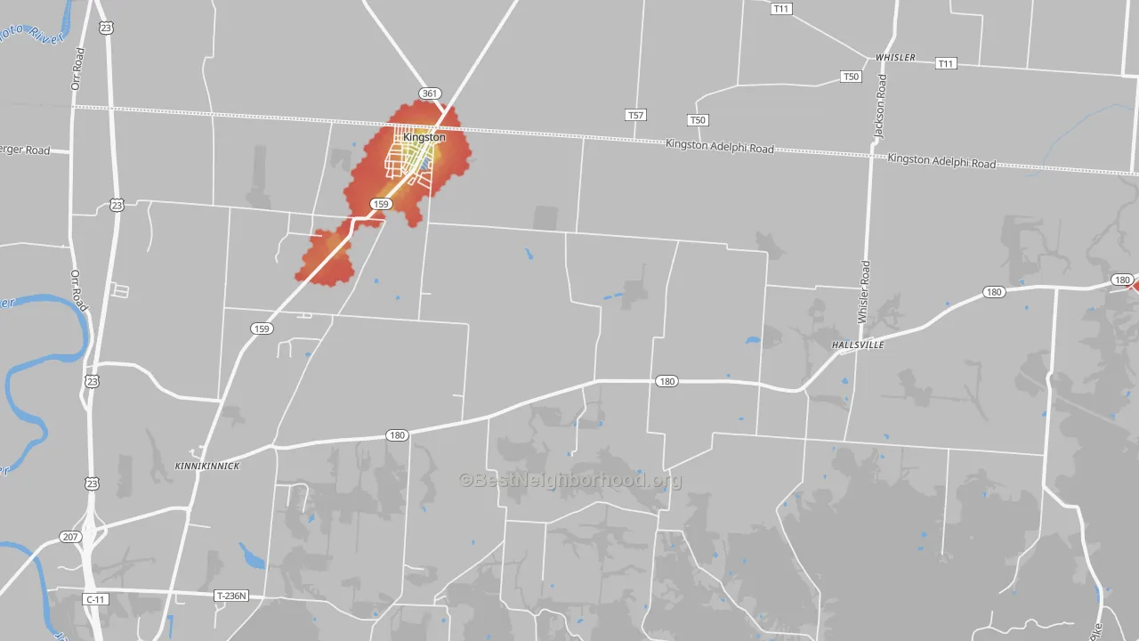 Walk Grade map of Kingston, OH, walkable areas in green and car-dependent areas in red