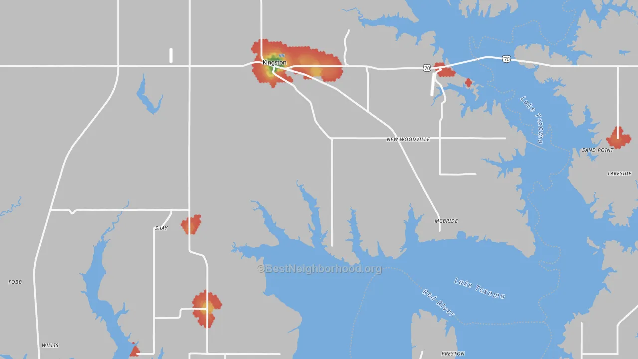 Walk Grade map of Kingston, OK, walkable areas in green and car-dependent areas in red