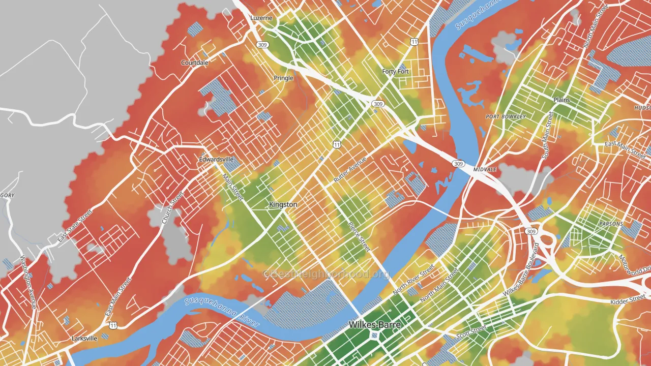 Walk Grade map of Kingston, PA, walkable areas in green and car-dependent areas in red