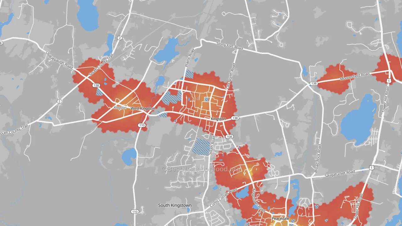 Walk Grade map of Kingston, RI, walkable areas in green and car-dependent areas in red