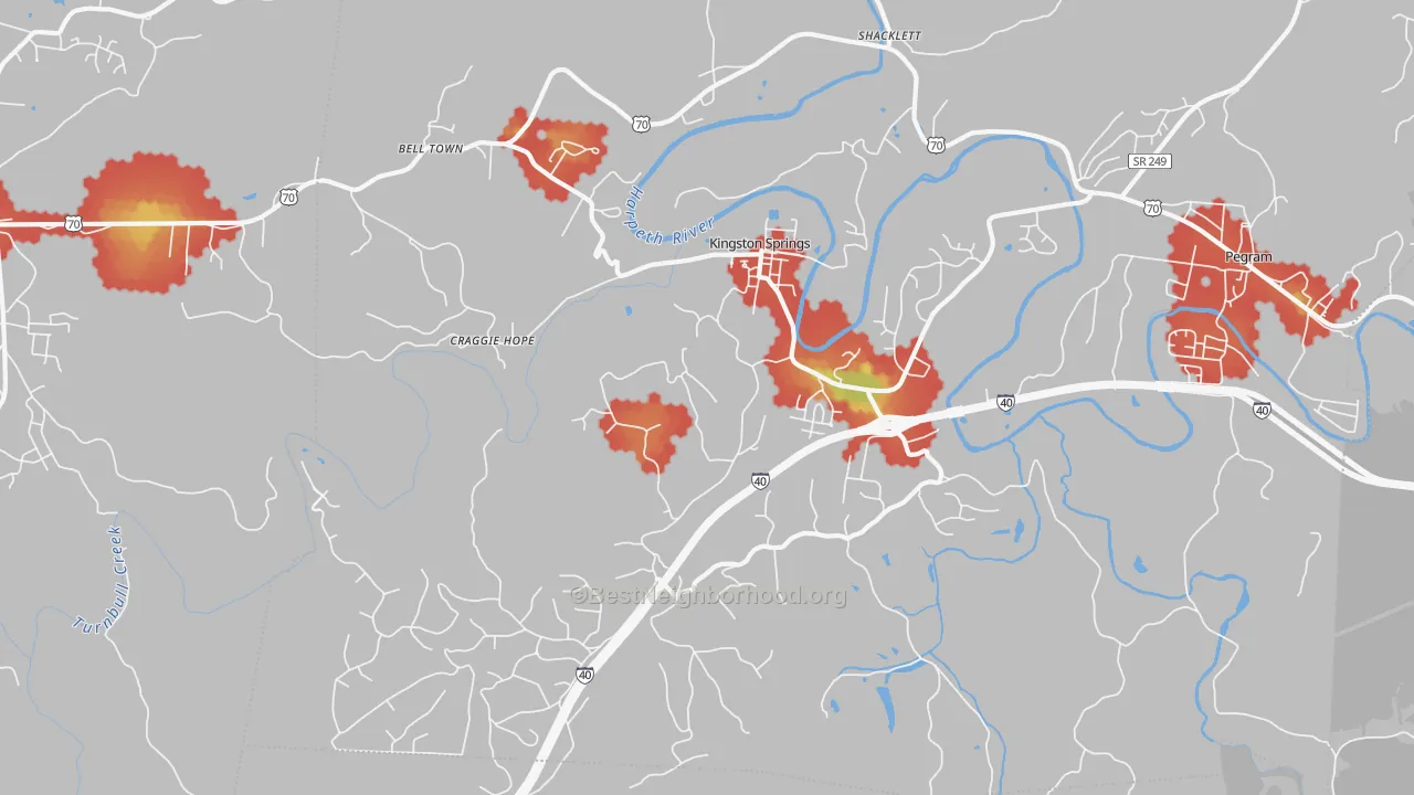 Walk Grade map of Kingston Springs, TN, walkable areas in green and car-dependent areas in red