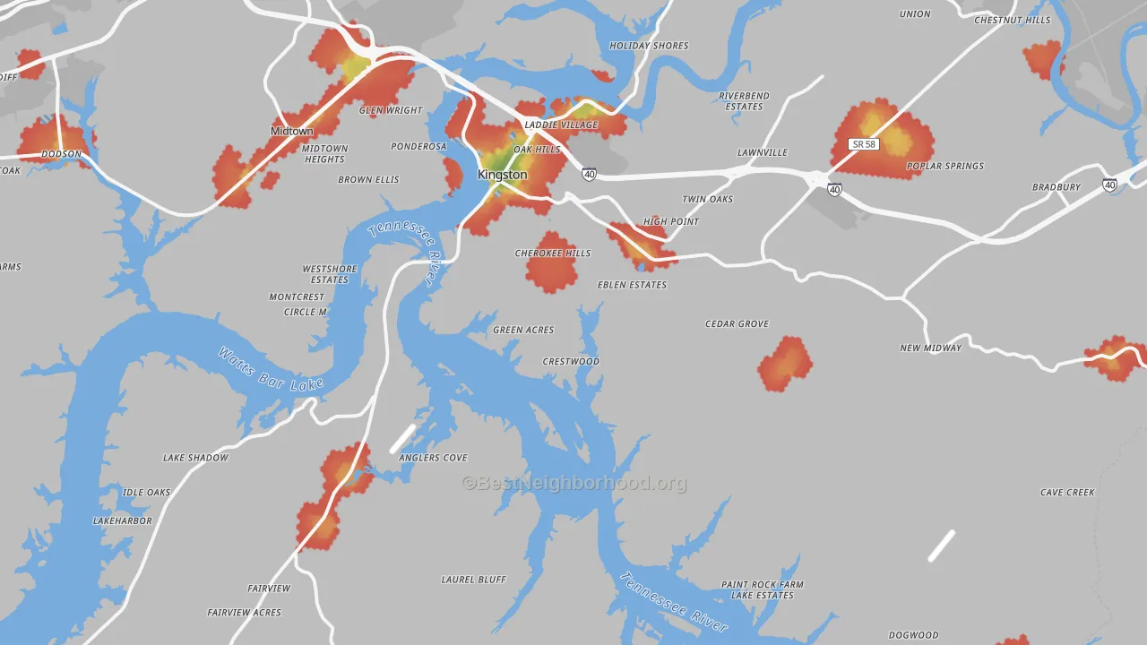 Walk Grade map of Kingston, TN, walkable areas in green and car-dependent areas in red