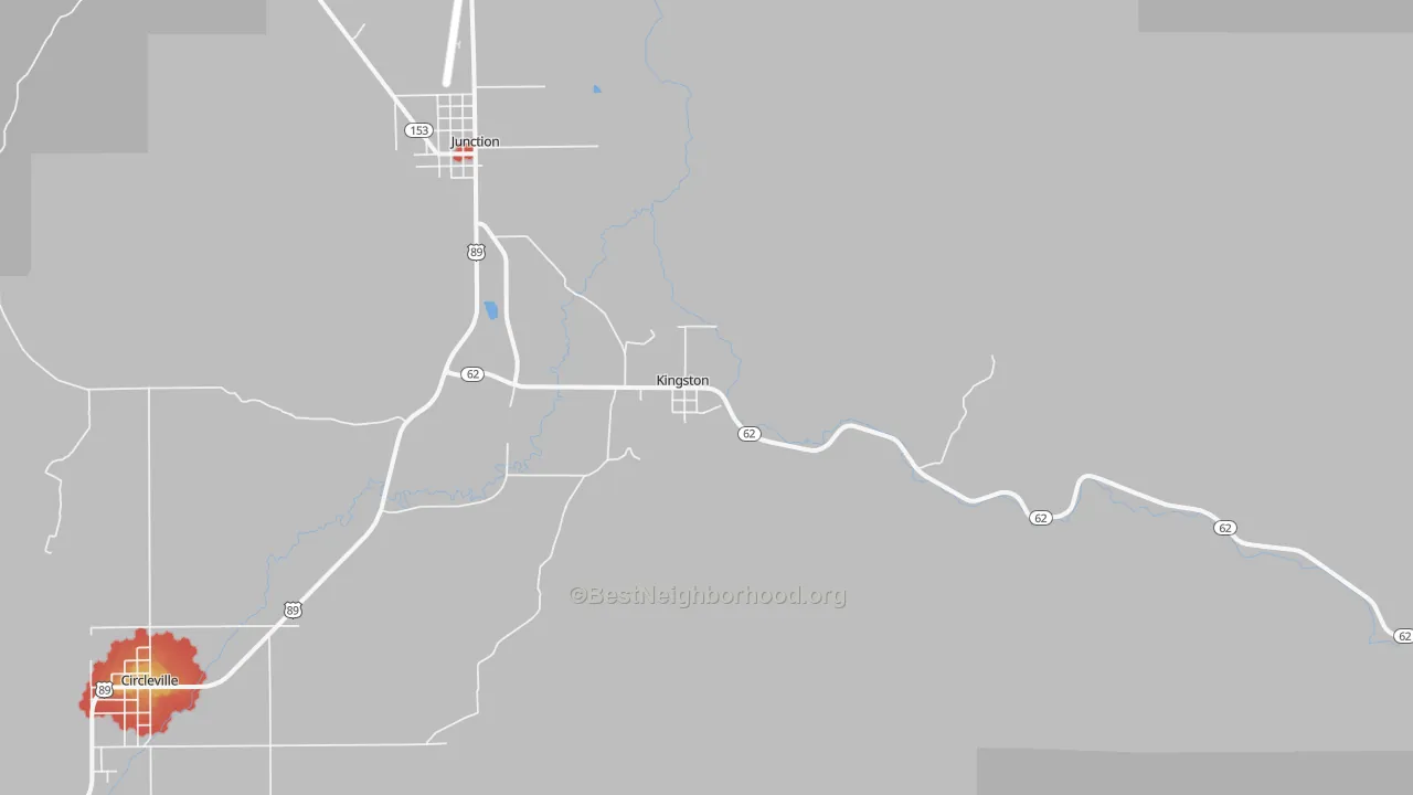 Walk Grade map of Kingston, UT, walkable areas in green and car-dependent areas in red