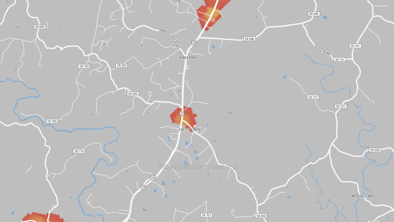Walk Grade map of Kingston, VA, walkable areas in green and car-dependent areas in red