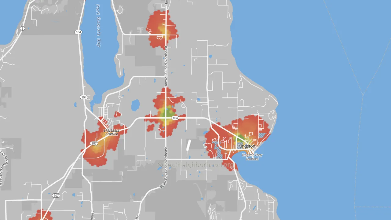 Walk Grade map of Kingston, WA, walkable areas in green and car-dependent areas in red