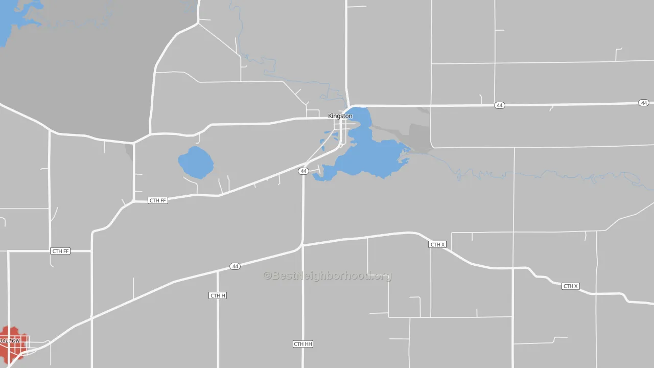 Walk Grade map of Kingston, WI, walkable areas in green and car-dependent areas in red
