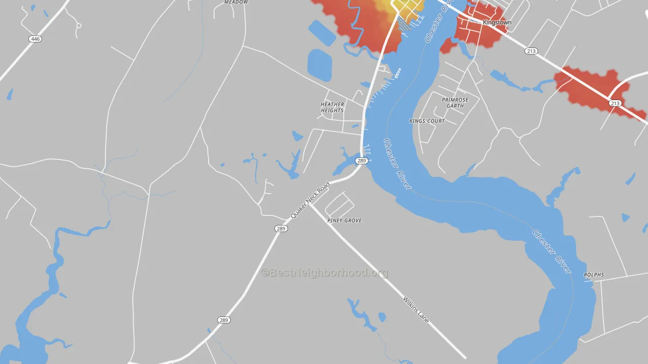 Walk Grade map of Kingstown, MD, walkable areas in green and car-dependent areas in red