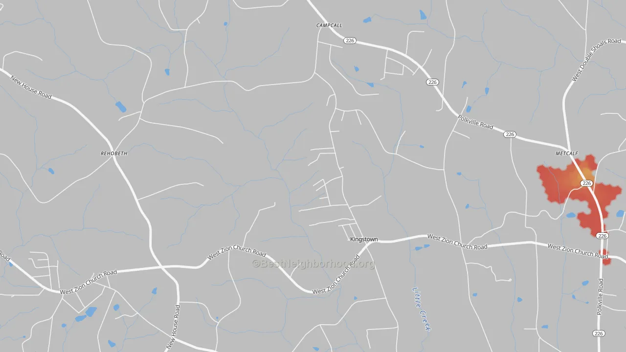 Walk Grade map of Kingstown, NC, walkable areas in green and car-dependent areas in red