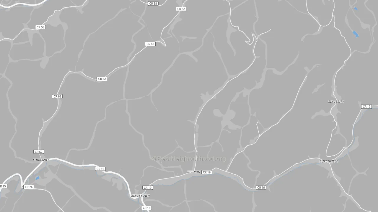 Walk Grade map of Kingstown, WV, walkable areas in green and car-dependent areas in red