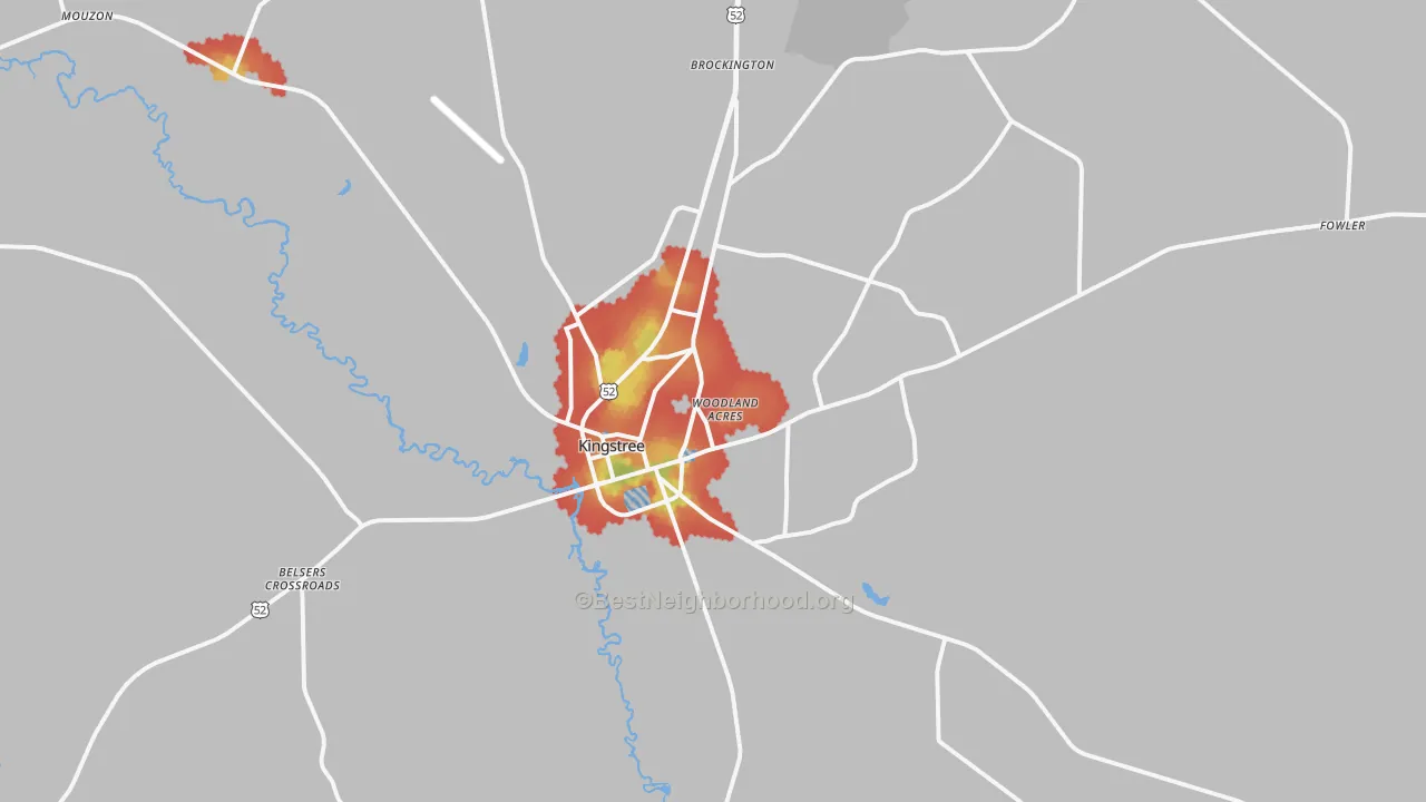 Walk Grade map of Kingstree, SC, walkable areas in green and car-dependent areas in red