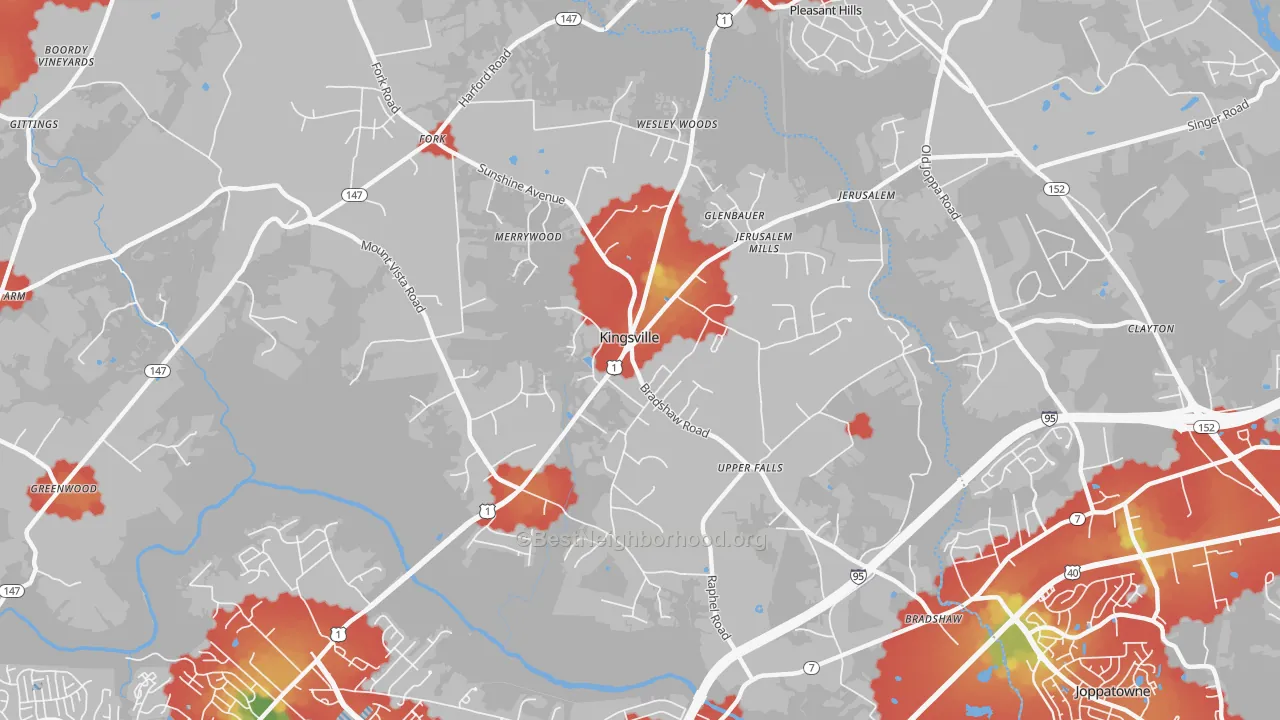Walk Grade map of Kingsville, MD, walkable areas in green and car-dependent areas in red