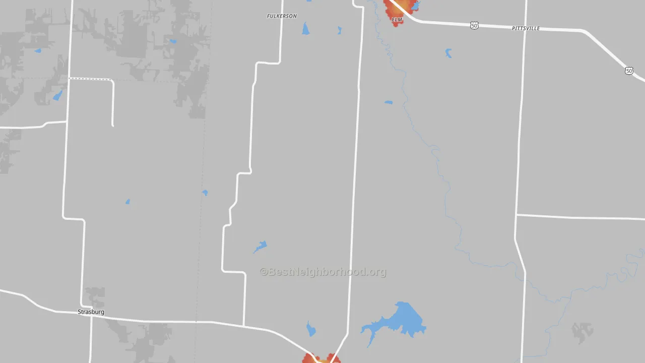 Walk Grade map of Kingsville, MO, walkable areas in green and car-dependent areas in red