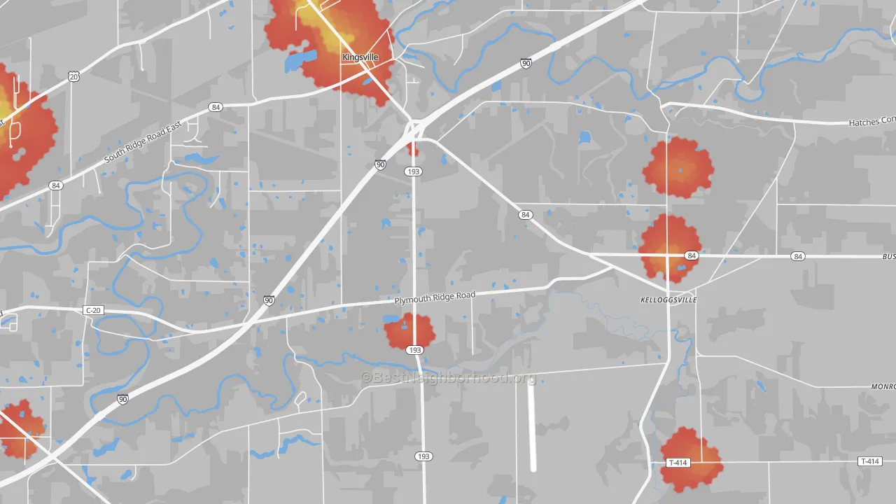 Walk Grade map of Kingsville, OH, walkable areas in green and car-dependent areas in red