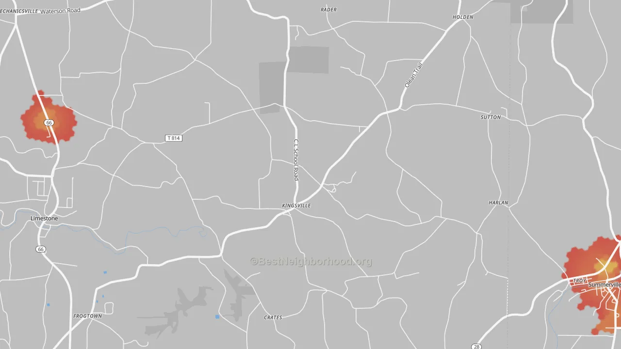 Walk Grade map of Kingsville, PA, walkable areas in green and car-dependent areas in red