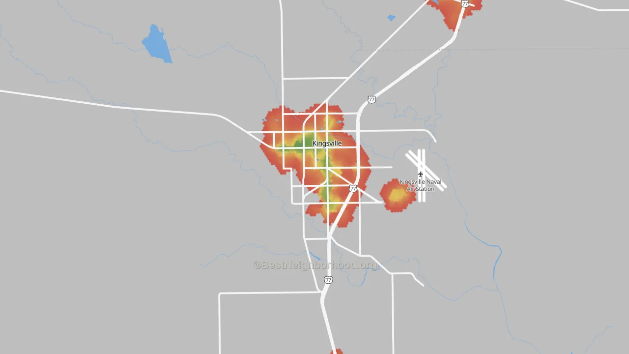 Walk Grade map of Kingsville, TX, walkable areas in green and car-dependent areas in red