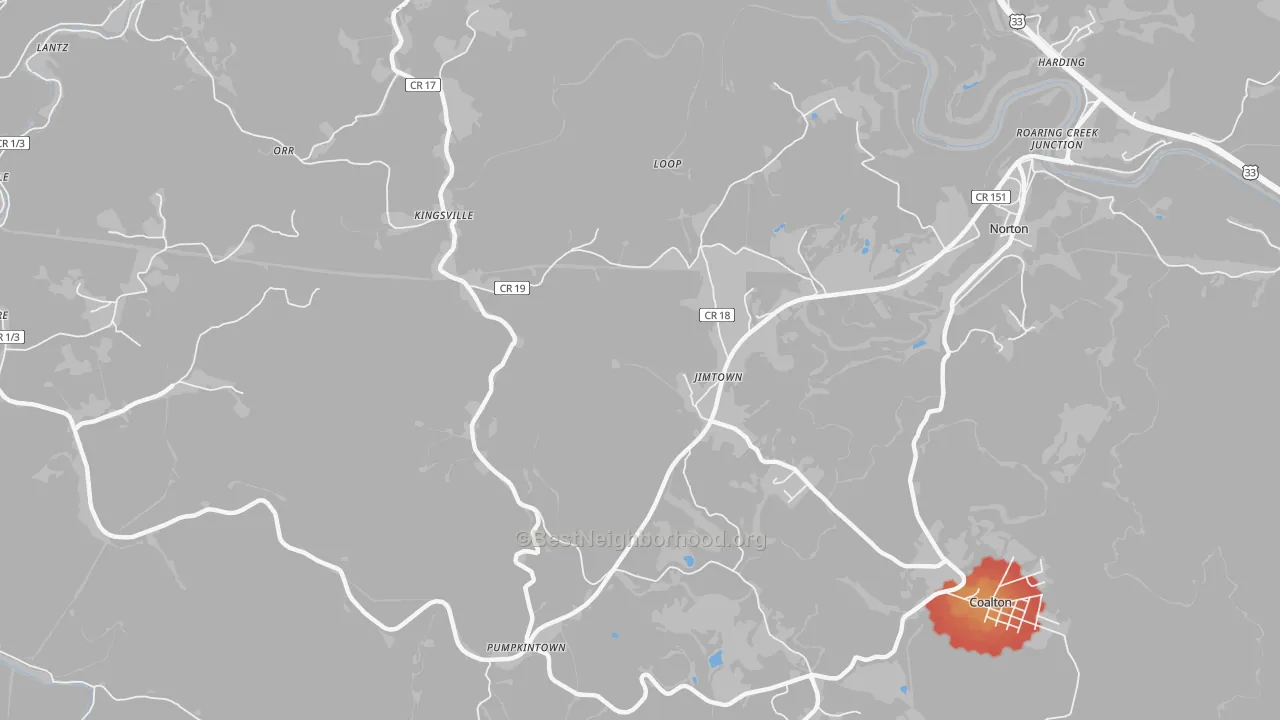 Walk Grade map of Kingsville, WV, walkable areas in green and car-dependent areas in red