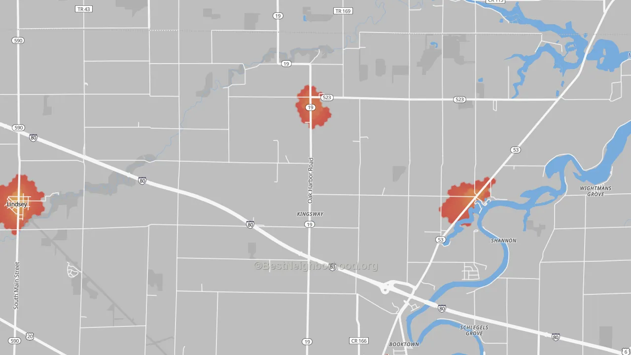 Walk Grade map of Kingsway, OH, walkable areas in green and car-dependent areas in red