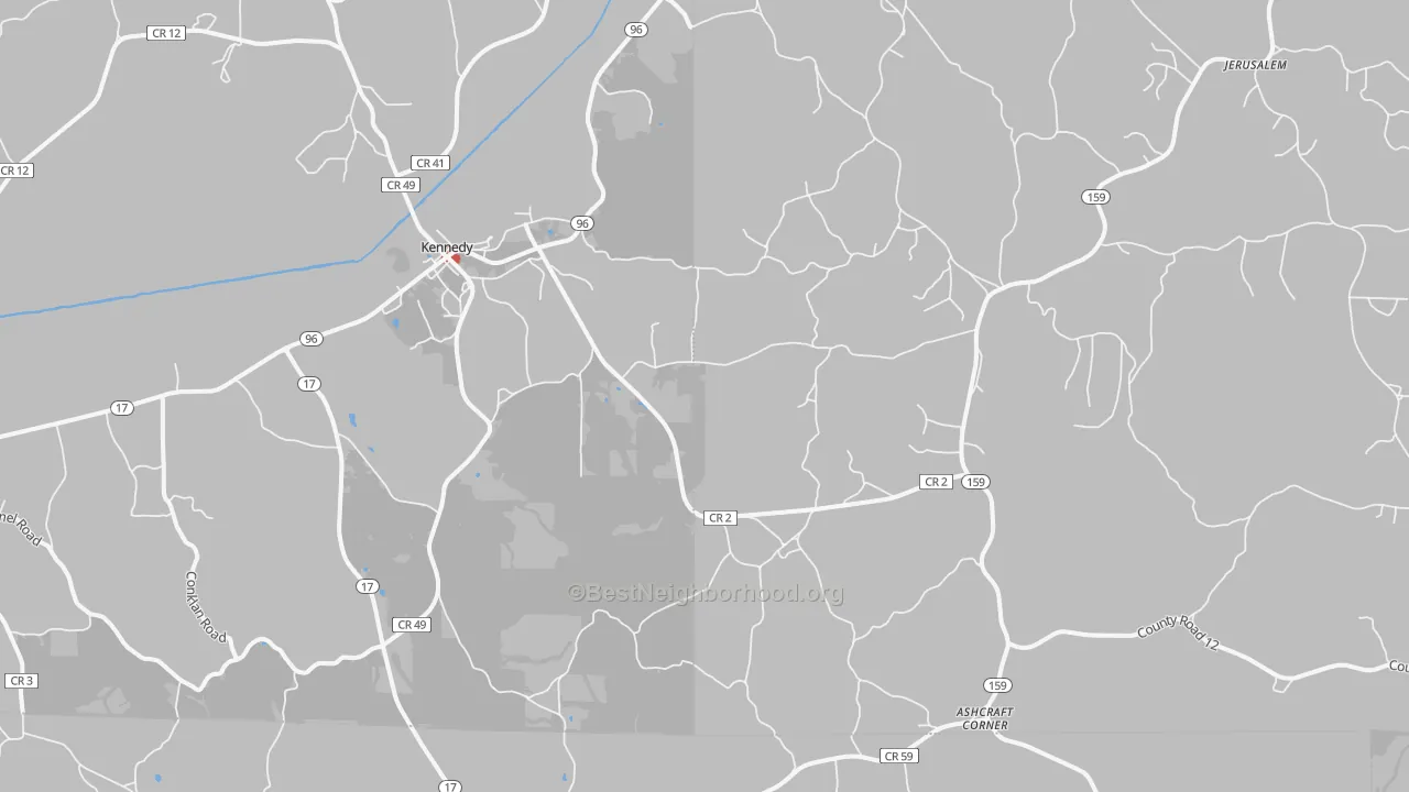Walk Grade map of Kingville, AL, walkable areas in green and car-dependent areas in red