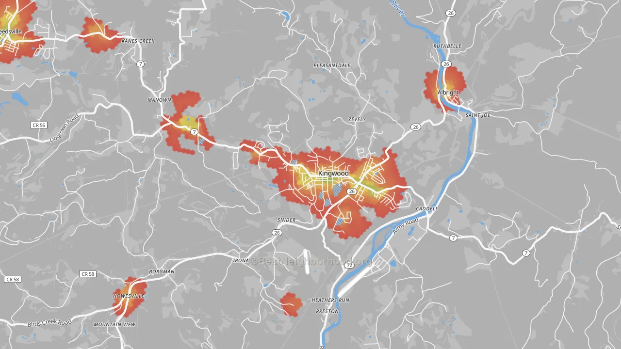 Walk Grade map of Kingwood, WV, walkable areas in green and car-dependent areas in red