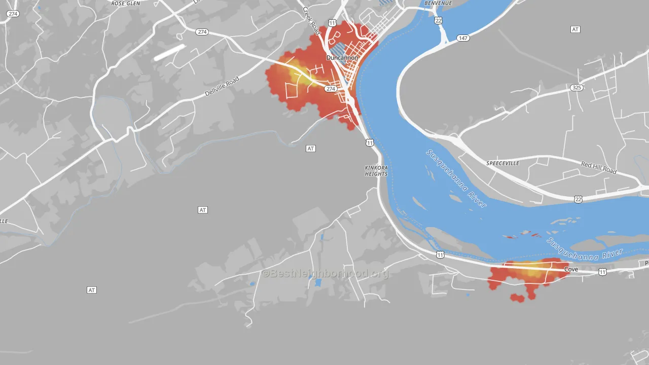 Walk Grade map of Kinkora Heights, PA, walkable areas in green and car-dependent areas in red