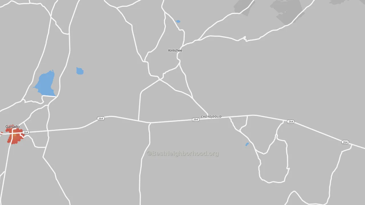 Walk Grade map of Kinlichee, AZ, walkable areas in green and car-dependent areas in red