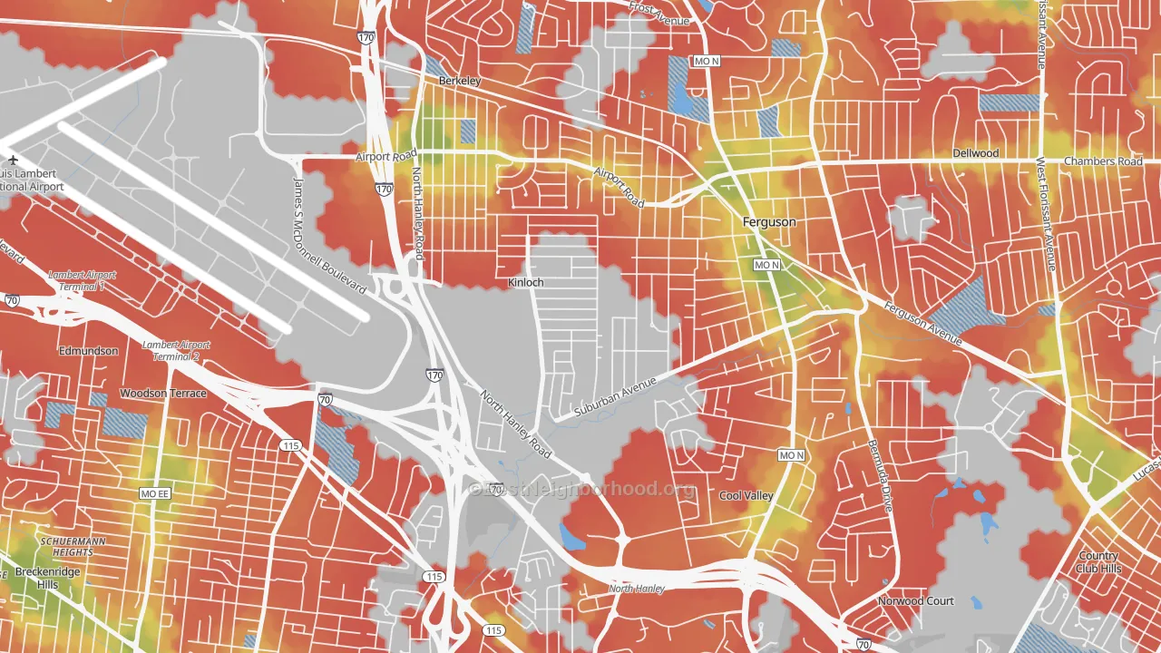 Walk Grade map of Kinloch, MO, walkable areas in green and car-dependent areas in red
