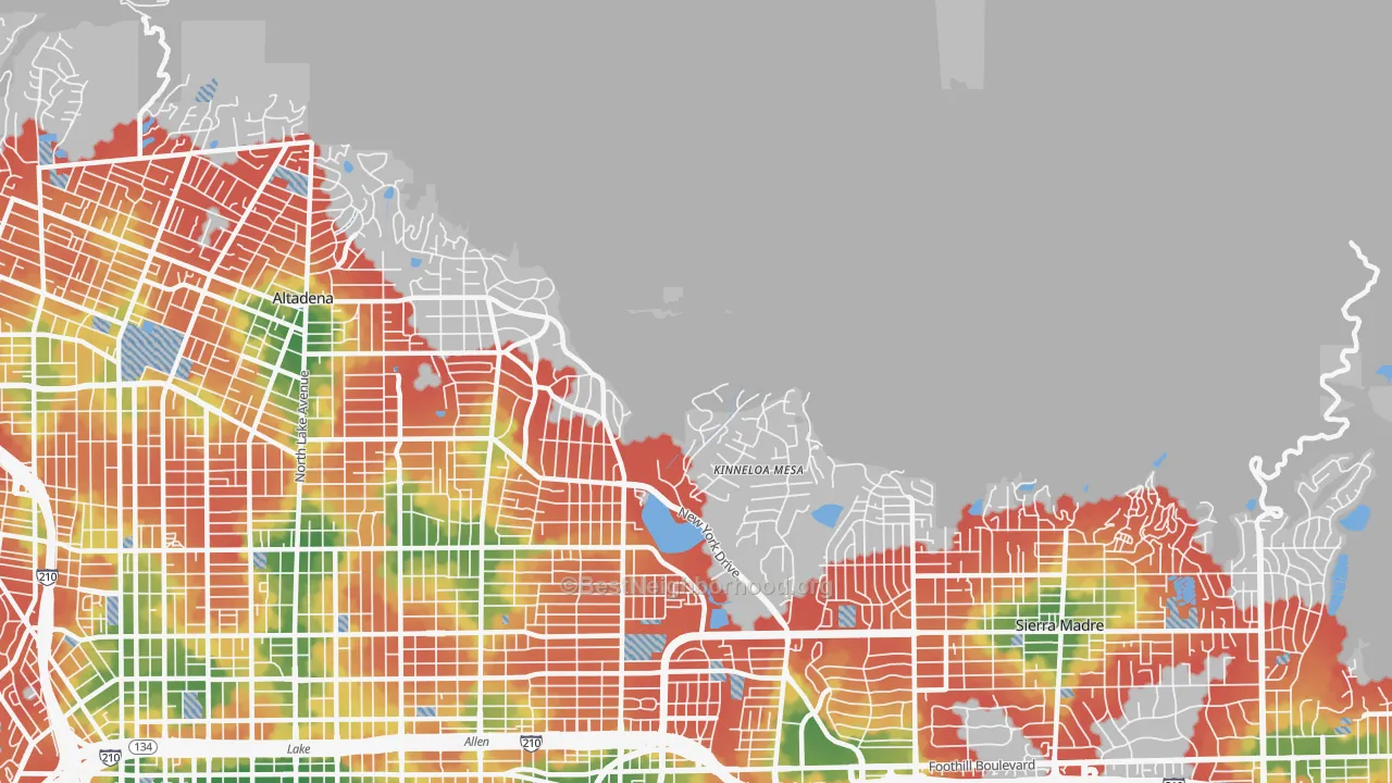 Walk Grade map of Kinneloa Mesa, CA, walkable areas in green and car-dependent areas in red