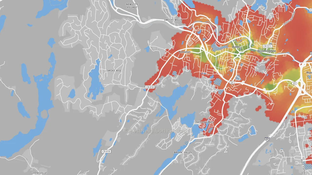 Walk Grade map of Kinnelon, NJ, walkable areas in green and car-dependent areas in red