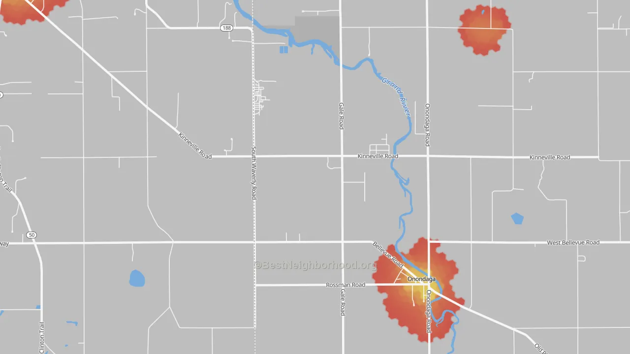 Walk Grade map of Kinneville, MI, walkable areas in green and car-dependent areas in red
