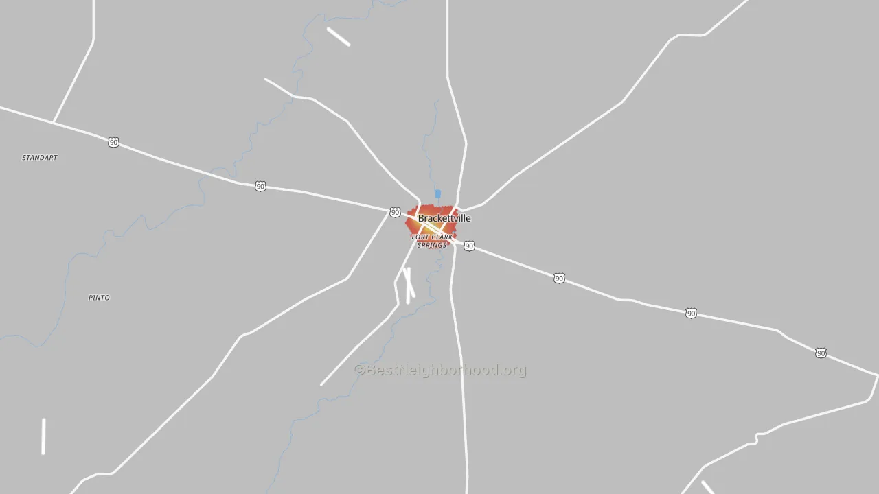 Walk Grade map of Kinney County, TX, walkable areas in green and car-dependent areas in red
