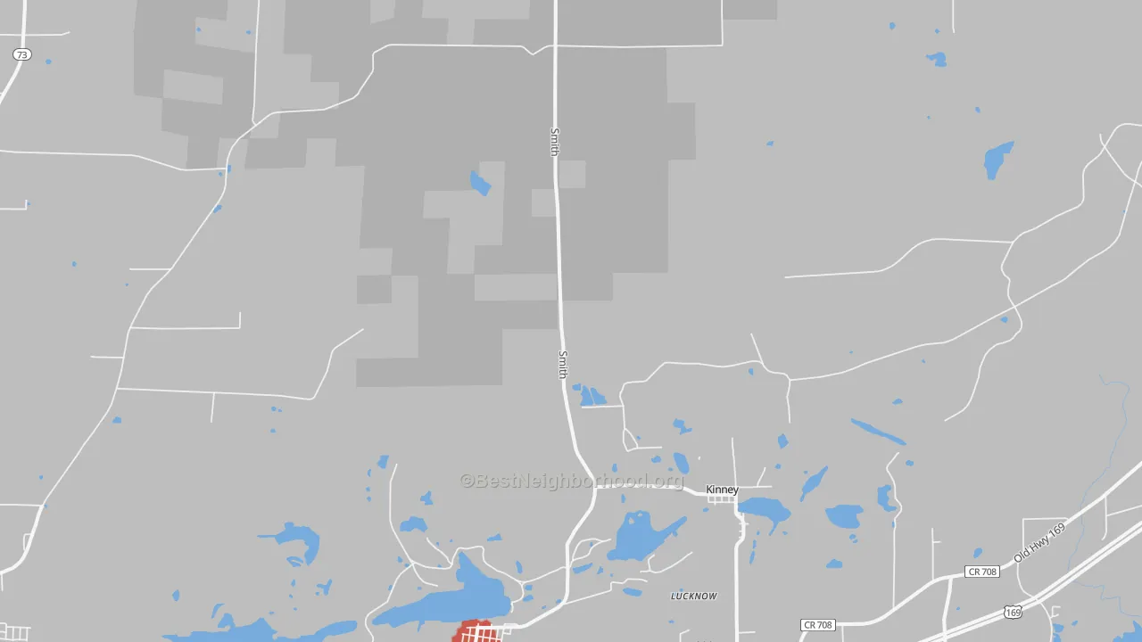 Walk Grade map of Kinney, MN, walkable areas in green and car-dependent areas in red