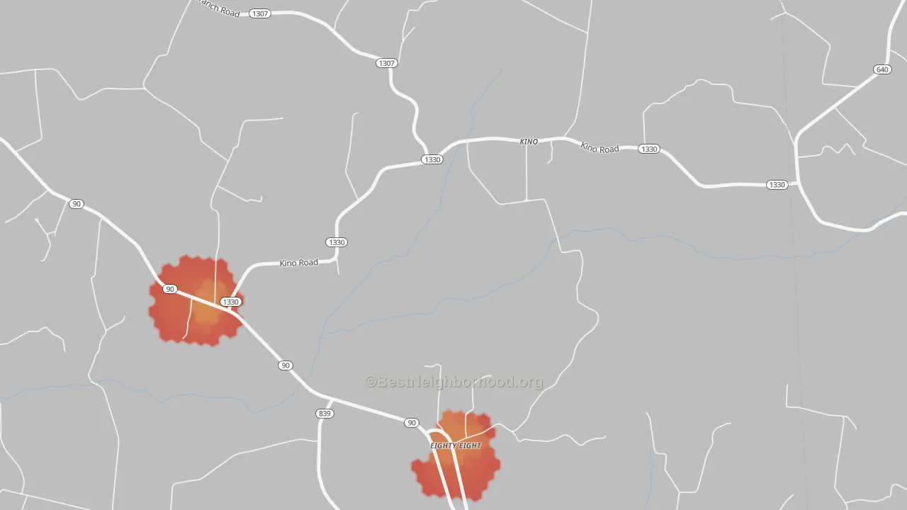 Walk Grade map of Kino, KY, walkable areas in green and car-dependent areas in red