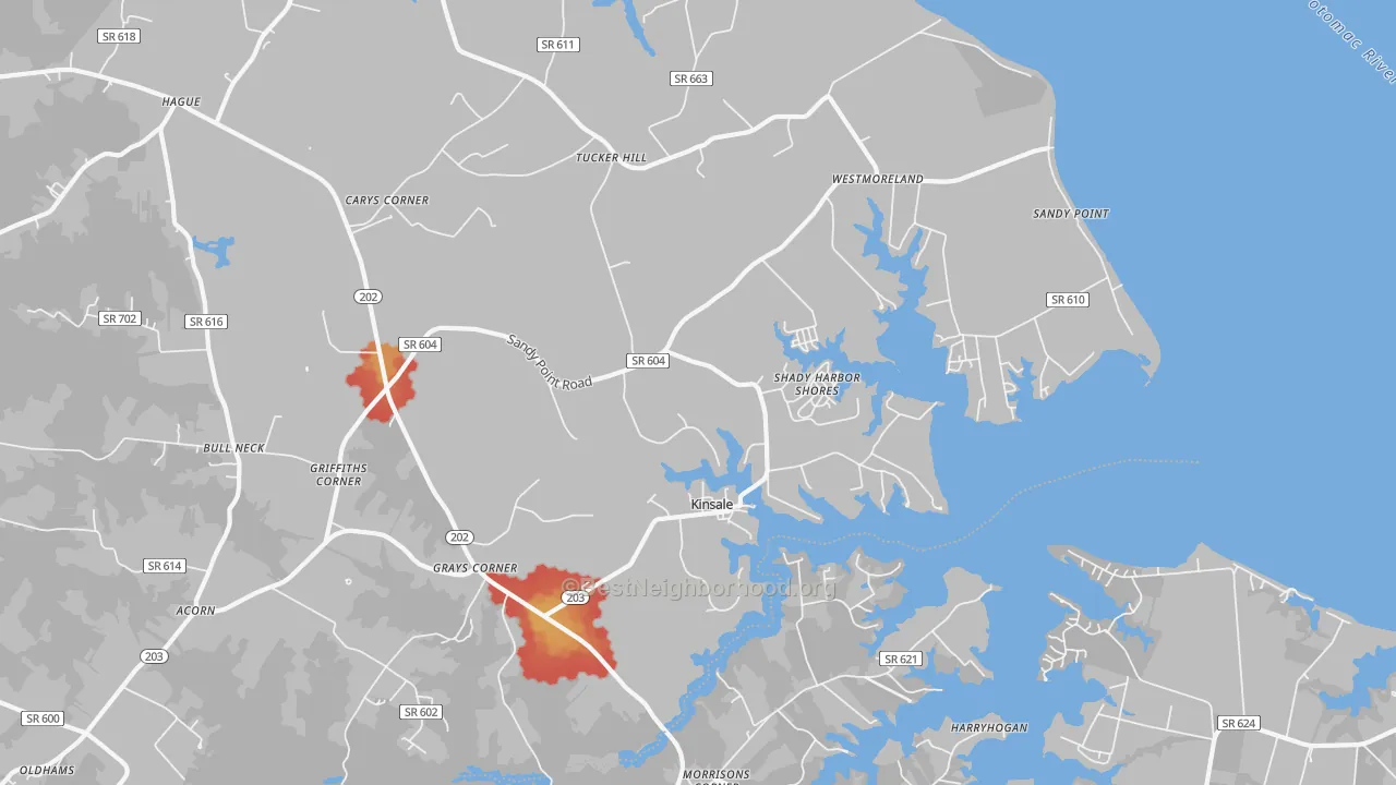 Walk Grade map of Kinsale, VA, walkable areas in green and car-dependent areas in red