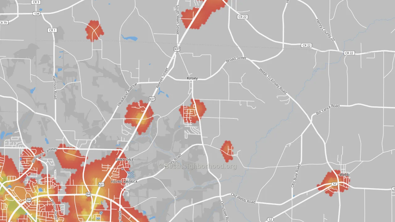 Walk Grade map of Kinsey, AL, walkable areas in green and car-dependent areas in red