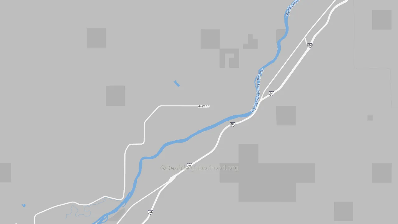 Walk Grade map of Kinsey, MT, walkable areas in green and car-dependent areas in red
