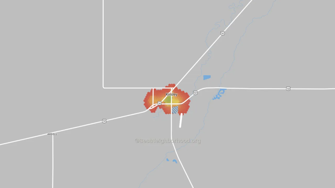 Walk Grade map of Kinsley, KS, walkable areas in green and car-dependent areas in red