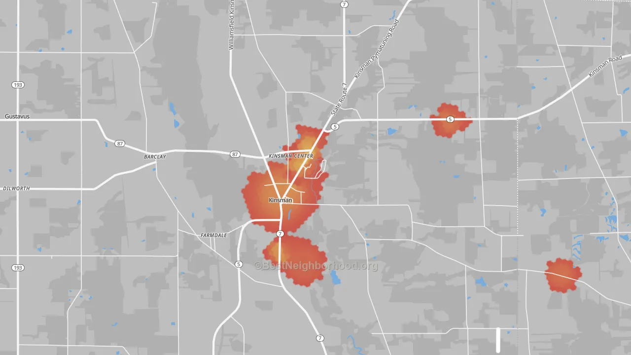 Walk Grade map of Kinsman, OH, walkable areas in green and car-dependent areas in red