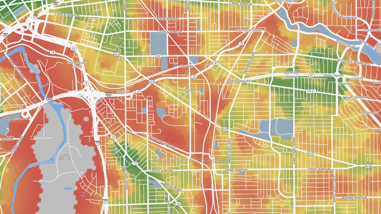 Walk Grade map of Kinsmith, Cleveland, OH, walkable areas in green and car-dependent areas in red