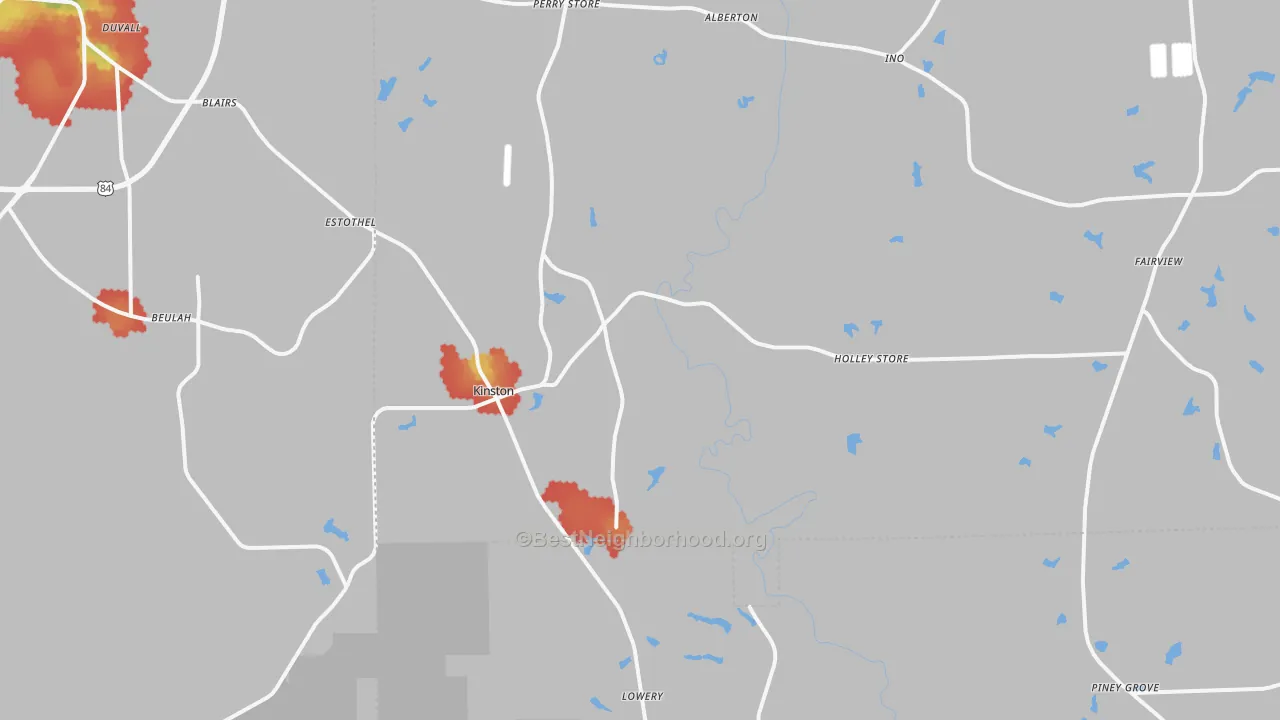 Walk Grade map of Kinston, AL, walkable areas in green and car-dependent areas in red