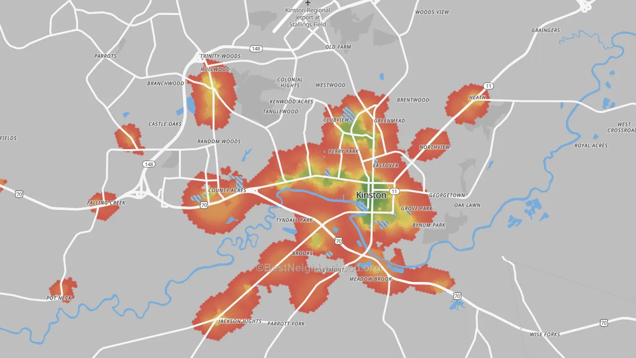 Walk Grade map of Kinston, NC, walkable areas in green and car-dependent areas in red