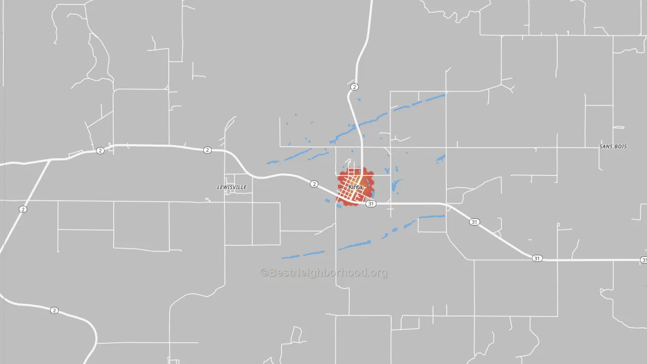 Walk Grade map of Kinta, OK, walkable areas in green and car-dependent areas in red