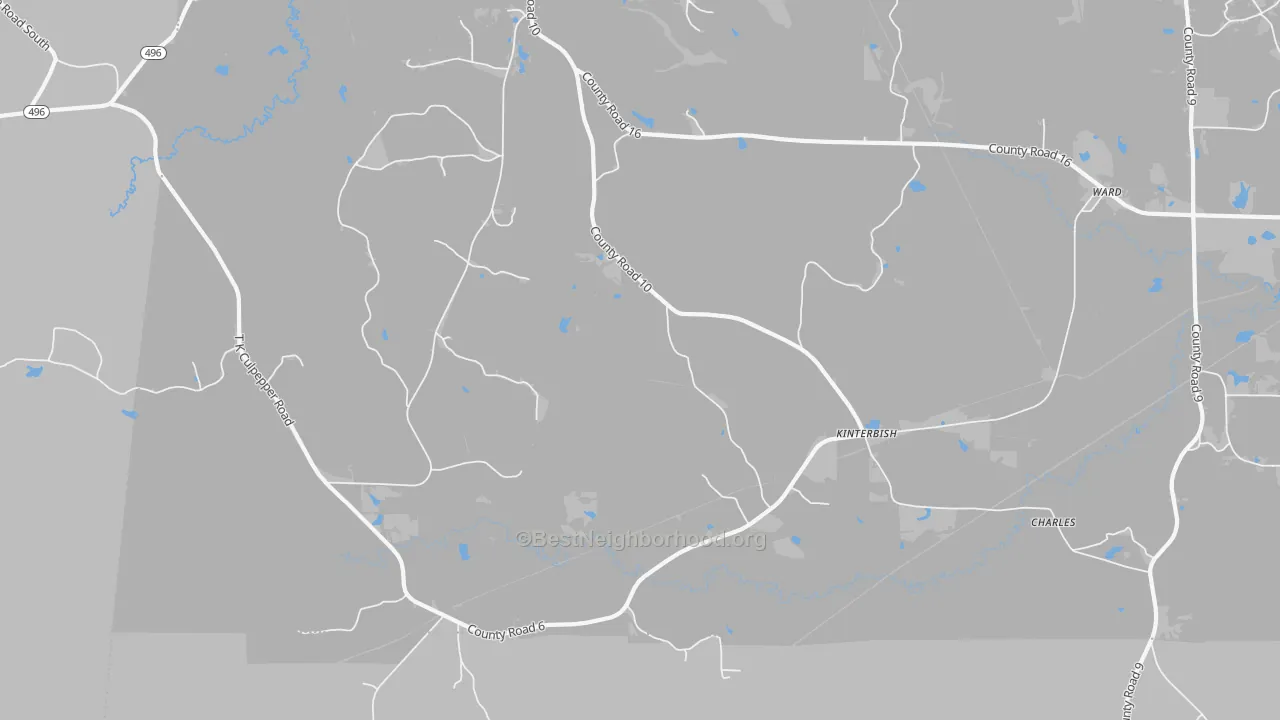 Walk Grade map of Kinterbish, AL, walkable areas in green and car-dependent areas in red