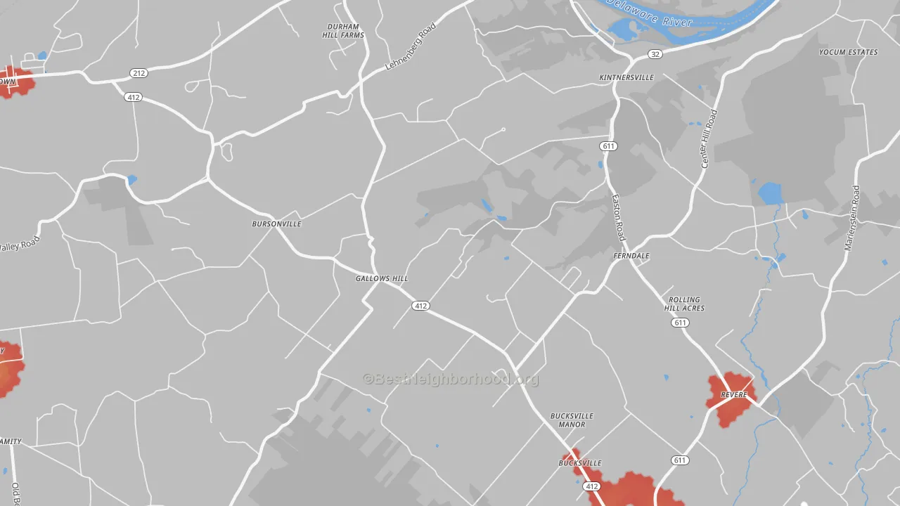 Walk Grade map of Kintnersville, PA, walkable areas in green and car-dependent areas in red