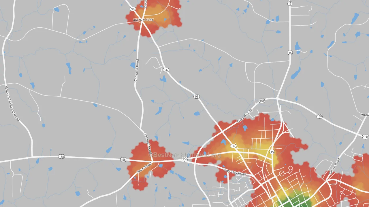 Walk Grade map of Kinton Fork, NC, walkable areas in green and car-dependent areas in red